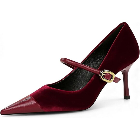 Shoes - Women's Burgundy Pointed Toe Stiletto Slip On Single-Strap Comfortable Pump Heel